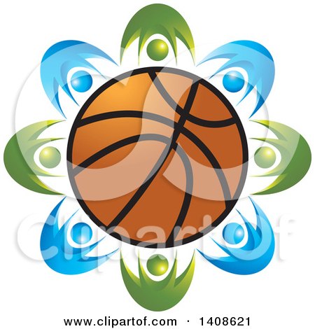 Clipart of a Circle of Blue and Green People Around a Basketball - Royalty Free Vector Illustration by Lal Perera