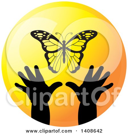Clipart of Silhouetted Hands Reaching for a Butterfly in a Circle - Royalty Free Vector Illustration by Lal Perera
