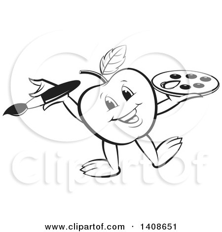 Clipart of a Black and White Lineart Happy Apple Character Painting - Royalty Free Vector Illustration by Lal Perera