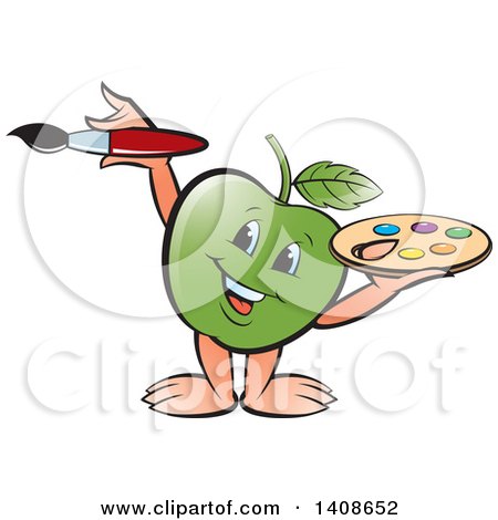 Clipart of a Happy Green Apple Character Painting - Royalty Free Vector Illustration by Lal Perera