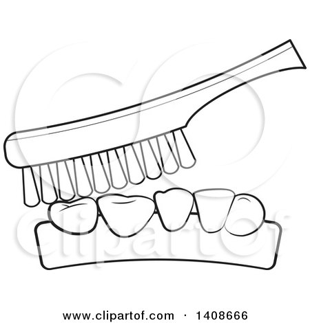 Clipart of a Black and White Lienart Toothbrush and Teeth - Royalty Free Vector Illustration by Lal Perera