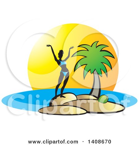 Clipart of a Silhouetted Woman in a Bikini Standing on an Island - Royalty Free Vector Illustration by Lal Perera