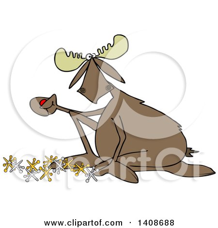 Clipart of a Cartoon Moose Playing with Jacks - Royalty Free Vector Illustration by djart