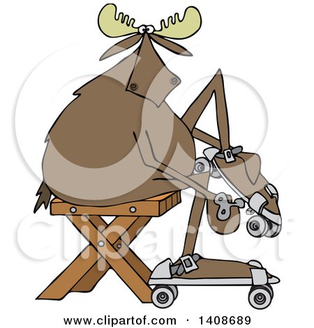 Clipart of a Cartoon Moose Sitting and Putting on Roller Skates - Royalty Free Vector Illustration by djart