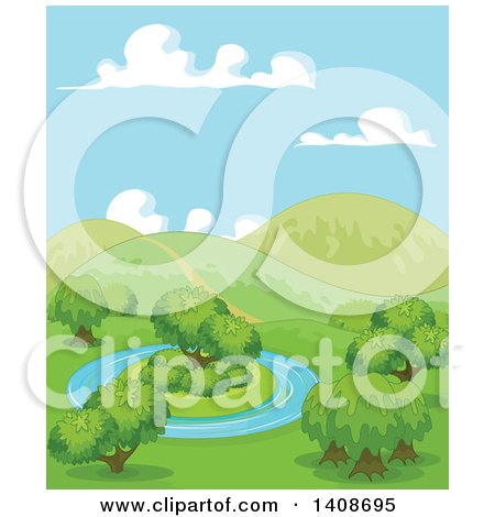 Clipart of a Beautiful Spring Landscape of a Pond with an Island and Hills - Royalty Free Vector Illustration by Pushkin