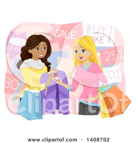 Clipart of Teen Girls Shopping During a Sale - Royalty Free Vector Illustration by BNP Design Studio