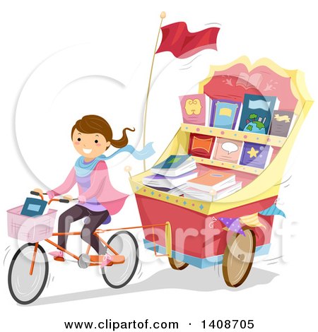 Clipart of a Caucasian Teenage Girl Pulling a Book Cart Behind Her Bicycle - Royalty Free Vector Illustration by BNP Design Studio