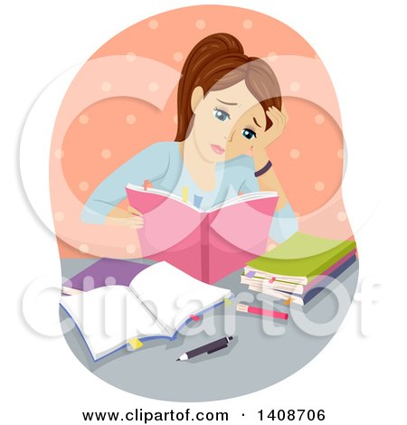 Clipart of a Tired Brunette Caucasian Girl Studying - Royalty Free Vector Illustration by BNP Design Studio