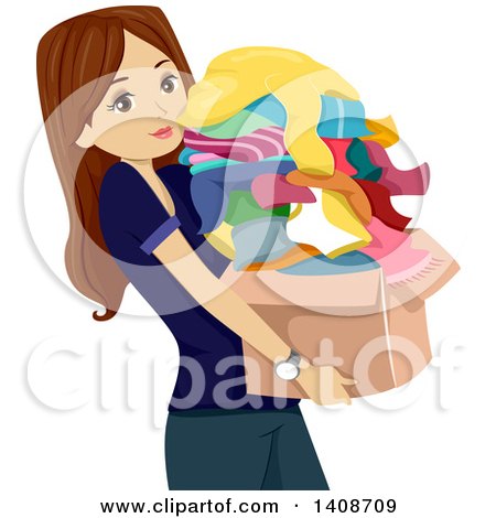 Clipart of a Brunette Caucasian Teen Girl Carrying a Box of Donation Clothes - Royalty Free Vector Illustration by BNP Design Studio