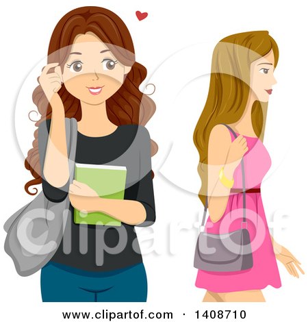 Clipart of a Brunette Caucasian Teen Girl with a Crush on Another Girl - Royalty Free Vector Illustration by BNP Design Studio