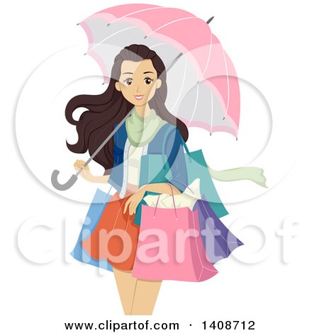 Clipart of a Caucasian Teen Girl Shopping and Carrying an Umbrella - Royalty Free Vector Illustration by BNP Design Studio
