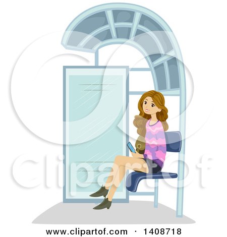 Clipart of a Caucasian Teen Girl Waiting at a Bus Stop - Royalty Free Vector Illustration by BNP Design Studio