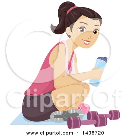 Clipart of a Caucasian Teen Girl Sitting on the Floor and Drinking Water at a Gym - Royalty Free Vector Illustration by BNP Design Studio
