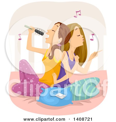 Clipart of Caucasian Teen Girls Sitting on a Bed, Singing and Listening to Music - Royalty Free Vector Illustration by BNP Design Studio