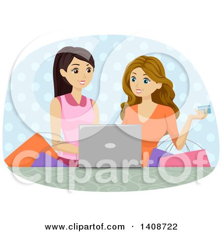 Clipart of Caucasian Teen Girls Online Shopping - Royalty Free Vector Illustration by BNP Design Studio