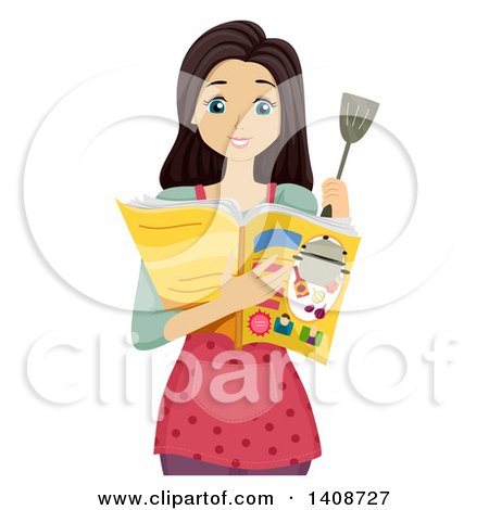 Clipart of a Teen Brunette Caucasian Girl Reading a Recipe in a Magazine - Royalty Free Vector Illustration by BNP Design Studio