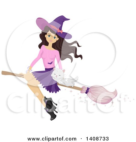 Clipart of a Caucasian Teenage Witch Girl Flying with a Cat on a Broomstick - Royalty Free Vector Illustration by BNP Design Studio