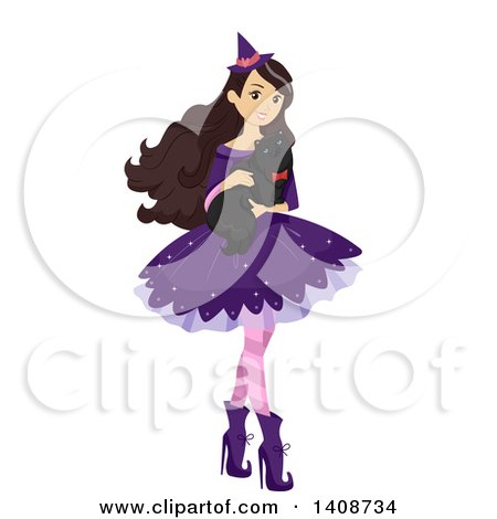 Clipart of a Caucasian Teenage Girl in a Witch Costume, Holding a Cat - Royalty Free Vector Illustration by BNP Design Studio