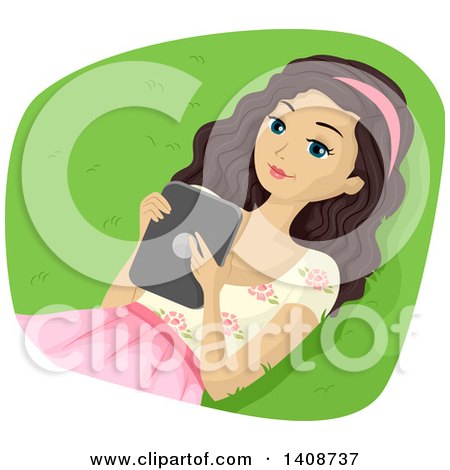 Clipart of a Caucasian Teen Girl Reading an E Book on a Tablet Outdoors - Royalty Free Vector Illustration by BNP Design Studio