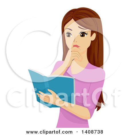 Clipart of a Confused Caucasian Teen Girl Reading a Book and Thinking - Royalty Free Vector Illustration by BNP Design Studio