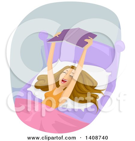 Clipart of a Caucasian Teen Girl Cheering and Reading a Book in Bed - Royalty Free Vector Illustration by BNP Design Studio