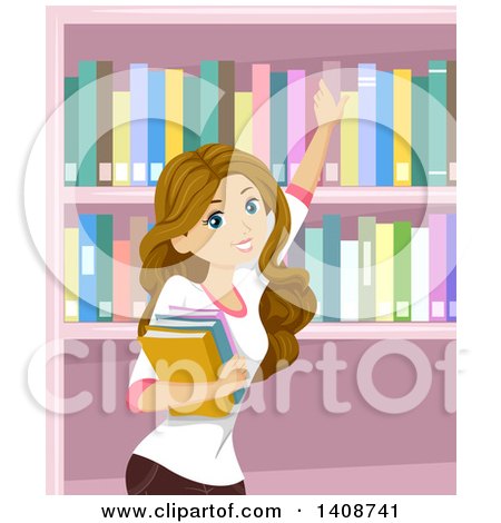 Clipart of a Caucasian Teen Girl Picking Books in a Library - Royalty Free Vector Illustration by BNP Design Studio