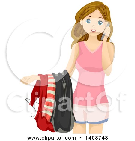 Clipart of a Caucasian Teen Girl Talking on Her Phone and Picking out Clothes - Royalty Free Vector Illustration by BNP Design Studio