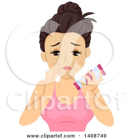 Clipart of a Caucasian Teen Girl Applying Cream to Pimples - Royalty Free Vector Illustration by BNP Design Studio