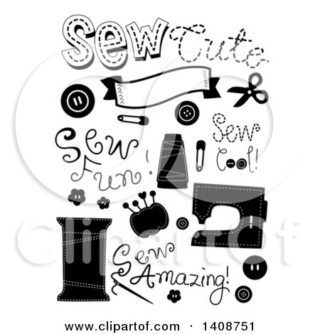 Clipart of Black and White Sewing Items - Royalty Free Vector Illustration by BNP Design Studio