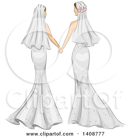 Clipart of a Rear View of Sketched Caucasian Lesbian Brides Holding Hands - Royalty Free Vector Illustration by BNP Design Studio