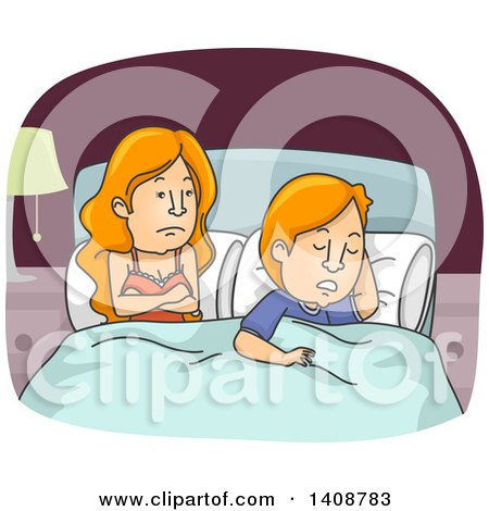 Clipart of a Cartoon Caucasian Couple in Bed, the Man Asleep, the Woman Awake - Royalty Free Vector Illustration by BNP Design Studio