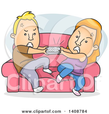Clipart of a Cartoon Caucasian Couple Fighting over the Remote Control - Royalty Free Vector Illustration by BNP Design Studio