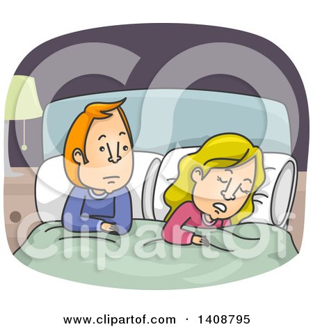 Clipart of a Cartoon Caucasian Couple in Bed, the Woman Asleep, the Man Awake - Royalty Free Vector Illustration by BNP Design Studio