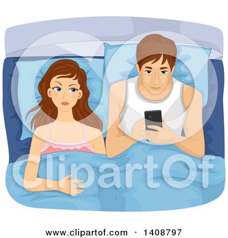 Clipart of a Caucasian Couple in Bed, the Woman Angry at the Man Texting on a Cell Phone - Royalty Free Vector Illustration by BNP Design Studio