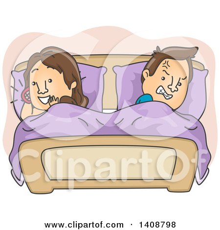 Clipart of a Cartoon Caucasian Couple in Bed, the Man Angry at the Woman Talking on a Cell Phone - Royalty Free Vector Illustration by BNP Design Studio