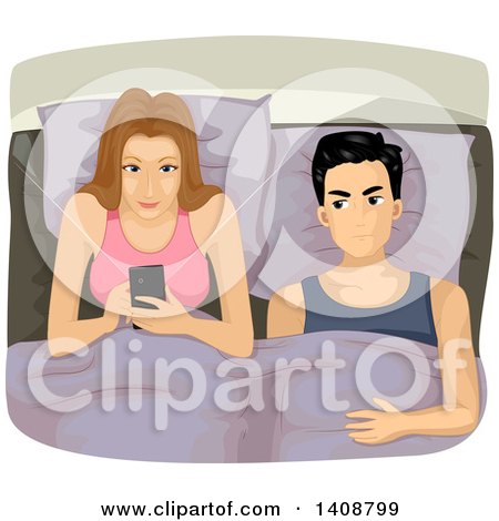 Clipart of a Caucasian Couple in Bed, the Man Angry at the Woman Texting on a Cell Phone - Royalty Free Vector Illustration by BNP Design Studio