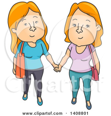 Clipart of a Cartoon Red Haired Caucasian Lesbian Couple Holding Hands - Royalty Free Vector Illustration by BNP Design Studio