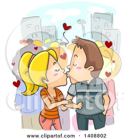 Clipart of a Cartoon Caucasian Couple Kissing in Public - Royalty Free Vector Illustration by BNP Design Studio
