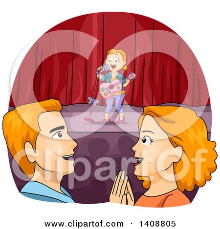 Clipart of Happy Red Haired Caucasian Parents Watching Their Daughter Sing on Stage - Royalty Free Vector Illustration by BNP Design Studio