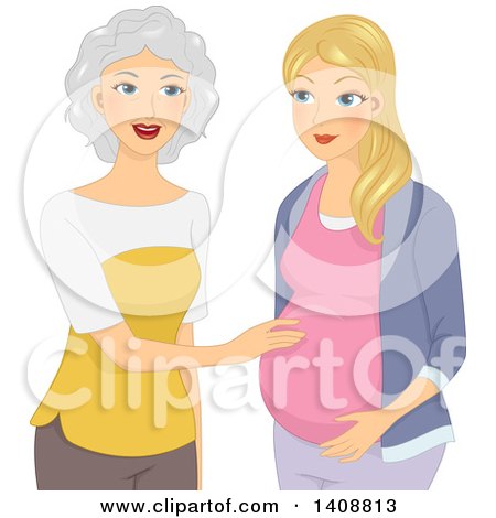 Clipart of a Happy Mother Touching Her Pregnant Daughter's Belly - Royalty Free Vector Illustration by BNP Design Studio