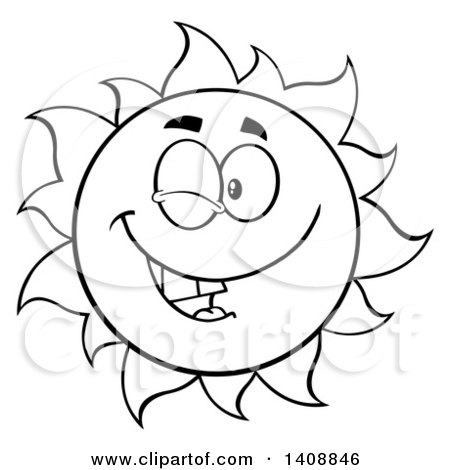Clipart of a Black and White Lineart Summer Time Sun Character Mascot Winking - Royalty Free Vector Illustration by Hit Toon
