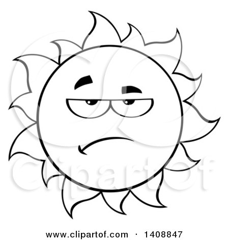 Clipart of a Black and White Lineart Grumpy Summer Time Sun Character Mascot - Royalty Free Vector Illustration by Hit Toon