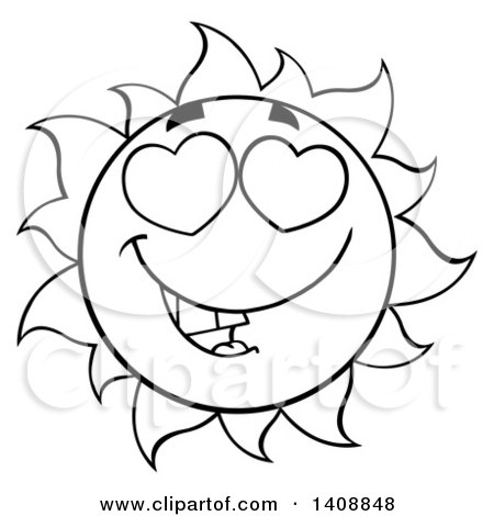 Clipart of a Black and White Summer Time Sun Character Mascot with Heart Eyes - Royalty Free Vector Illustration by Hit Toon