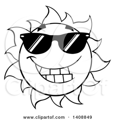 Clipart of a Black and White Summer Time Sun Character Mascot Wearing Shades - Royalty Free Vector Illustration by Hit Toon