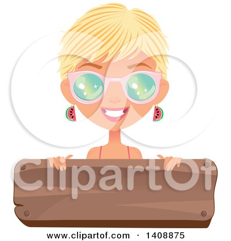 Clipart of a Caucasian Woman with Short Blond Hair, Wearing Sunglasses over a Wood Sign - Royalty Free Vector Illustration by Melisende Vector
