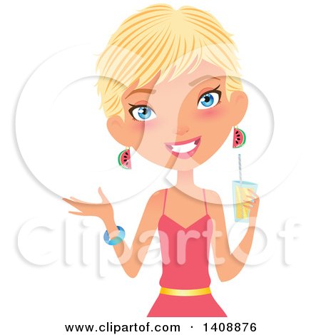 Clipart of a Caucasian Woman with Short Blond Hair, Presenting and Holding a Cocktail - Royalty Free Vector Illustration by Melisende Vector