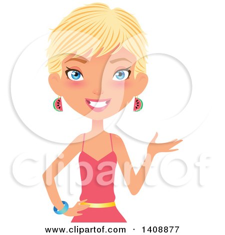 Clipart of a Presenting Caucasian Woman with Short Blond Hair - Royalty Free Vector Illustration by Melisende Vector
