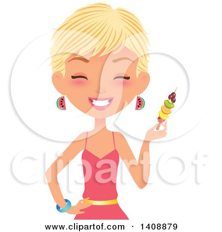 Clipart of a Caucasian Woman with Short Blond Hair, Holding Fruit on a Kebab - Royalty Free Vector Illustration by Melisende Vector