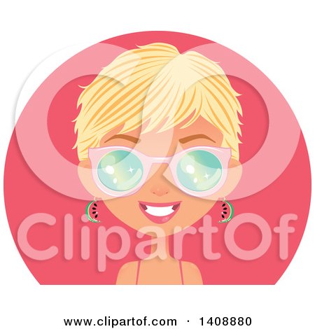 Clipart of a Caucasian Woman with Short Blond Hair Wearing Watermelon Earrings and Sunglasses, over a Pink Circle - Royalty Free Vector Illustration by Melisende Vector