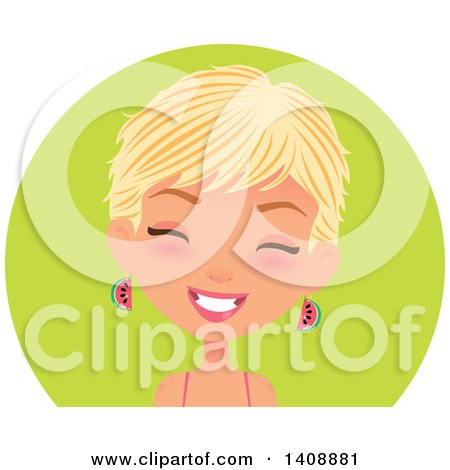 Clipart of a Laughing Caucasian Woman with Short Blond Hair Wearing Watermelon Earrings, over a Green Circle - Royalty Free Vector Illustration by Melisende Vector
